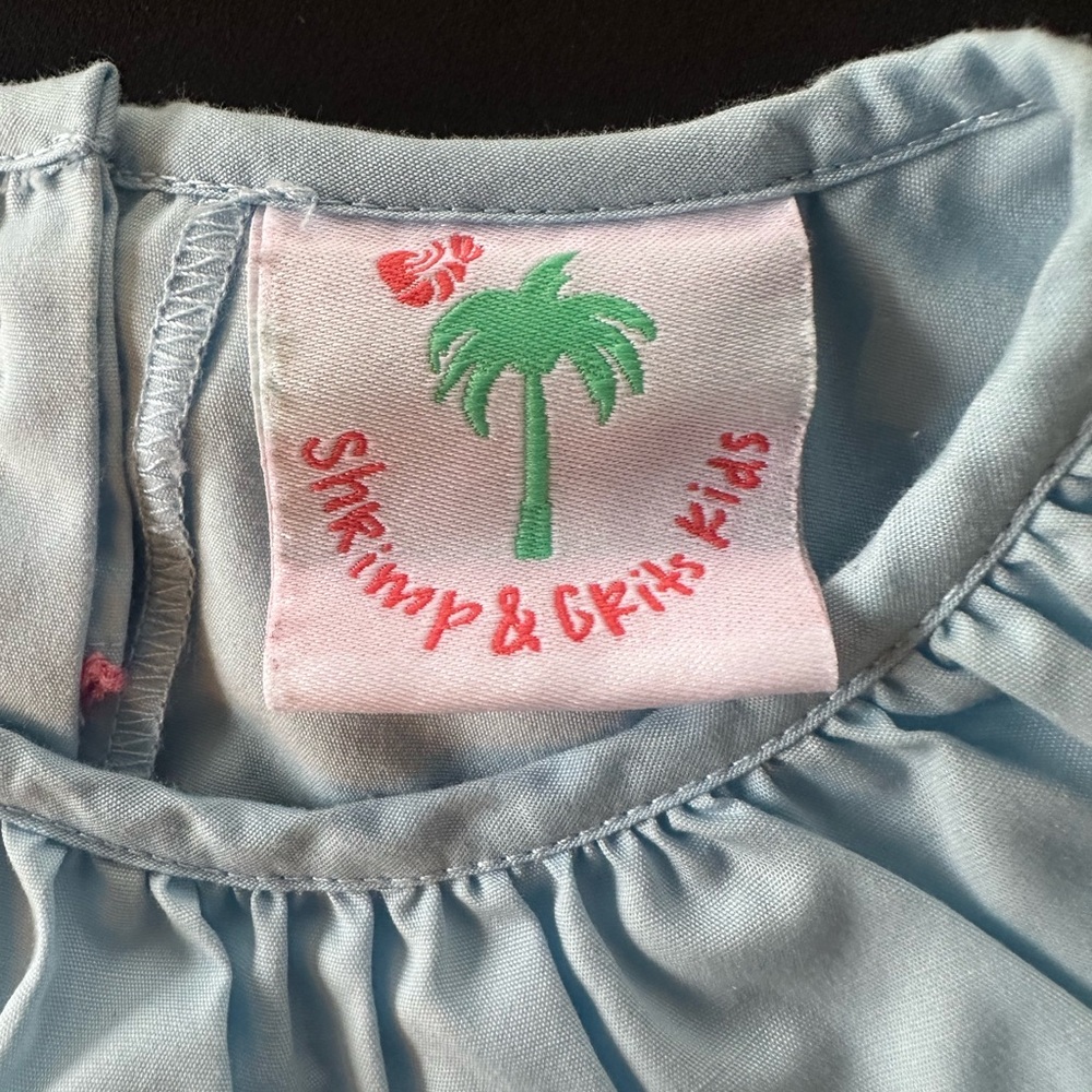 Girls Shrimp & Grits Kids Light Blue Ruffled Dress with Turtle Embroidery Sz 7 - Picture 3 of 7